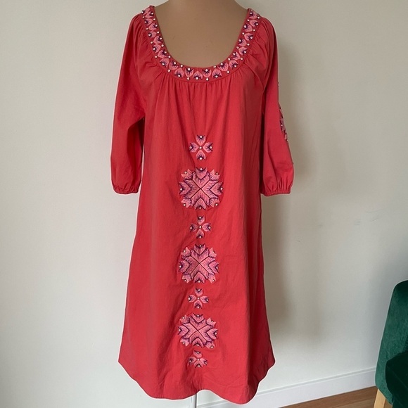 Figue Salmon Pink Stretch Cotton Puff Sleeve Embroidered Crystal Accent Dress S - Picture 1 of 9